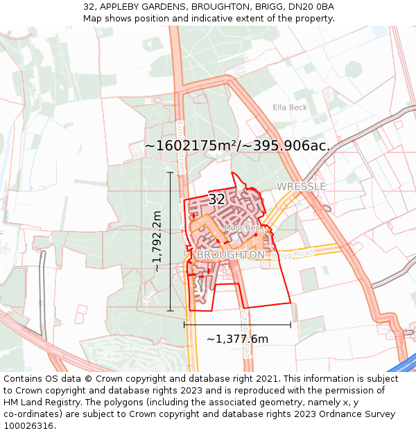 32, APPLEBY GARDENS, BROUGHTON, BRIGG, DN20 0BA: Plot and title map