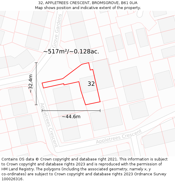 32, APPLETREES CRESCENT, BROMSGROVE, B61 0UA: Plot and title map