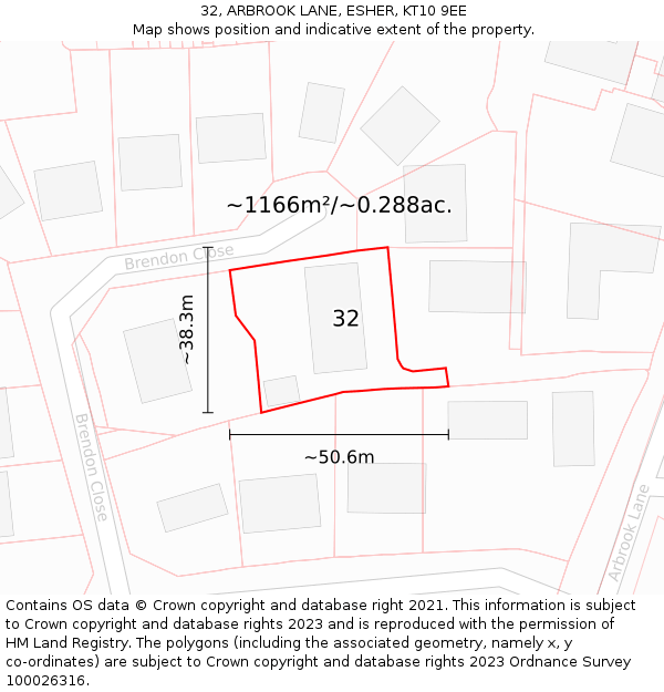 32, ARBROOK LANE, ESHER, KT10 9EE: Plot and title map