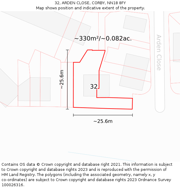 32, ARDEN CLOSE, CORBY, NN18 8FY: Plot and title map