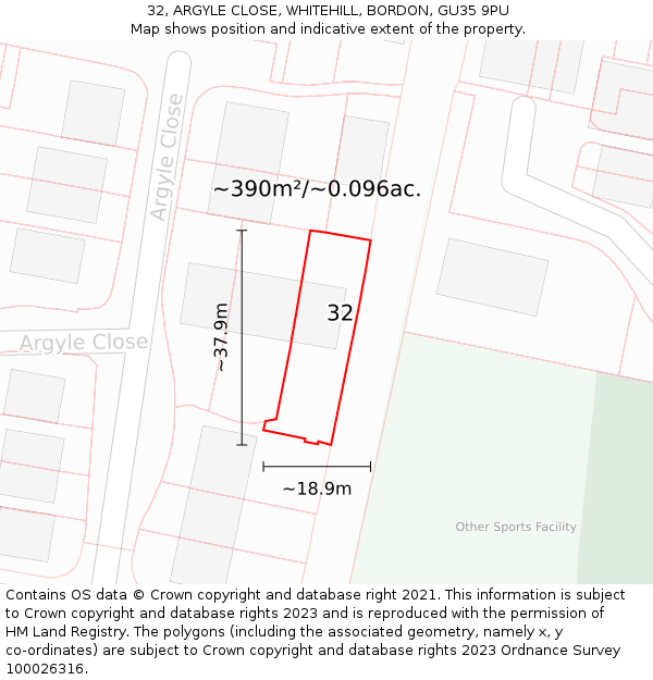 32, ARGYLE CLOSE, WHITEHILL, BORDON, GU35 9PU: Plot and title map