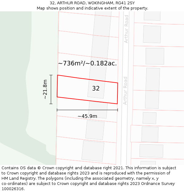 32, ARTHUR ROAD, WOKINGHAM, RG41 2SY: Plot and title map