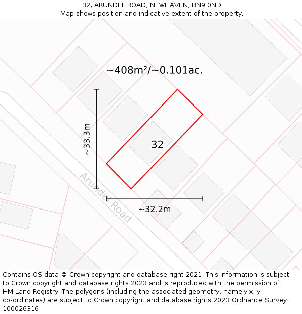 32, ARUNDEL ROAD, NEWHAVEN, BN9 0ND: Plot and title map