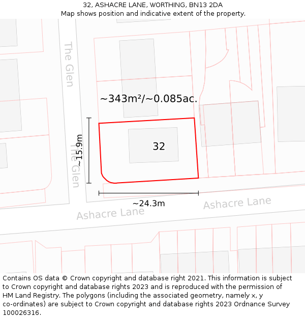 32, ASHACRE LANE, WORTHING, BN13 2DA: Plot and title map