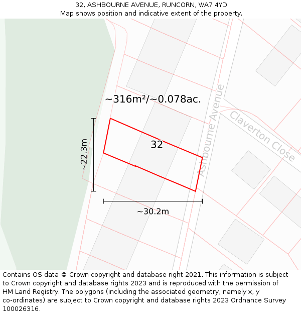 32, ASHBOURNE AVENUE, RUNCORN, WA7 4YD: Plot and title map