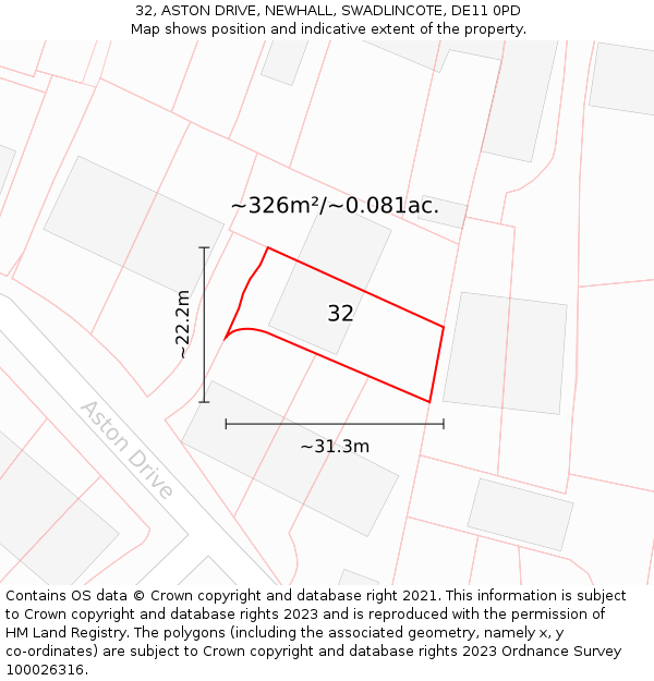 32, ASTON DRIVE, NEWHALL, SWADLINCOTE, DE11 0PD: Plot and title map