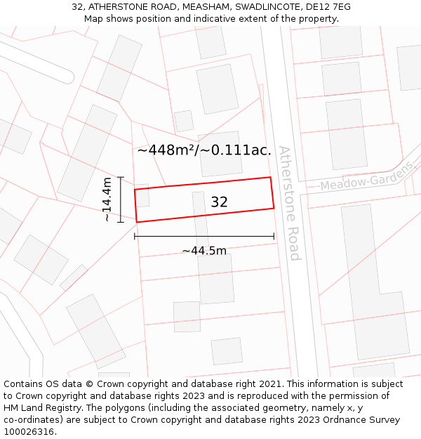 32, ATHERSTONE ROAD, MEASHAM, SWADLINCOTE, DE12 7EG: Plot and title map