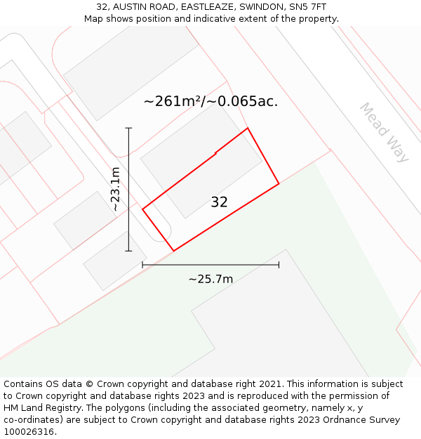 32, AUSTIN ROAD, EASTLEAZE, SWINDON, SN5 7FT: Plot and title map