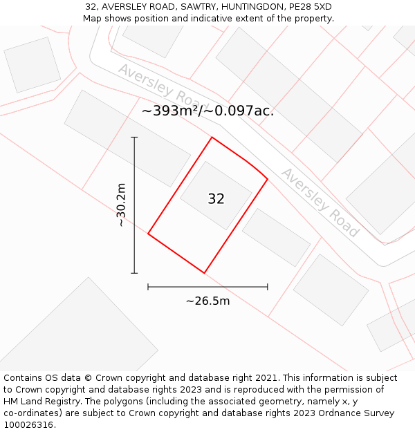 32, AVERSLEY ROAD, SAWTRY, HUNTINGDON, PE28 5XD: Plot and title map