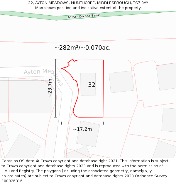 32, AYTON MEADOWS, NUNTHORPE, MIDDLESBROUGH, TS7 0AY: Plot and title map