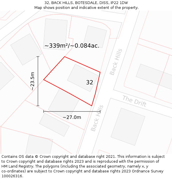 32, BACK HILLS, BOTESDALE, DISS, IP22 1DW: Plot and title map