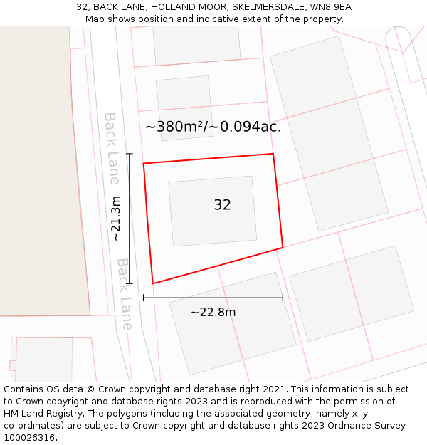 32, BACK LANE, HOLLAND MOOR, SKELMERSDALE, WN8 9EA: Plot and title map
