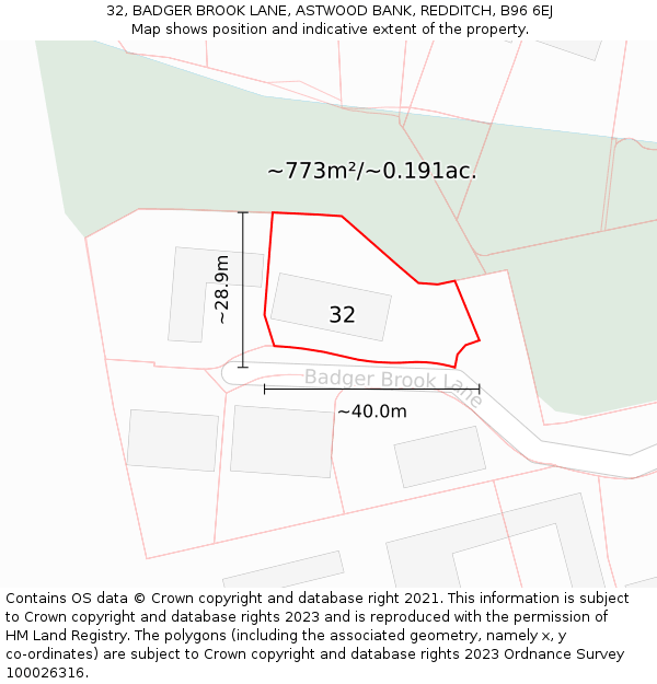 32, BADGER BROOK LANE, ASTWOOD BANK, REDDITCH, B96 6EJ: Plot and title map