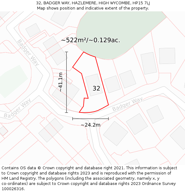 32, BADGER WAY, HAZLEMERE, HIGH WYCOMBE, HP15 7LJ: Plot and title map