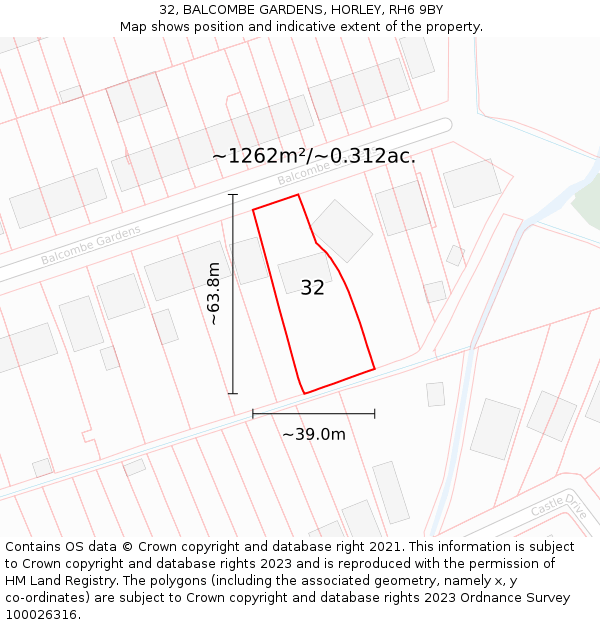 32, BALCOMBE GARDENS, HORLEY, RH6 9BY: Plot and title map