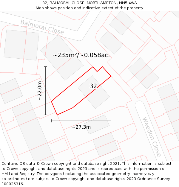 32, BALMORAL CLOSE, NORTHAMPTON, NN5 4WA: Plot and title map