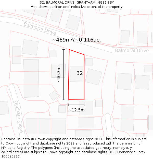 32, BALMORAL DRIVE, GRANTHAM, NG31 8SY: Plot and title map