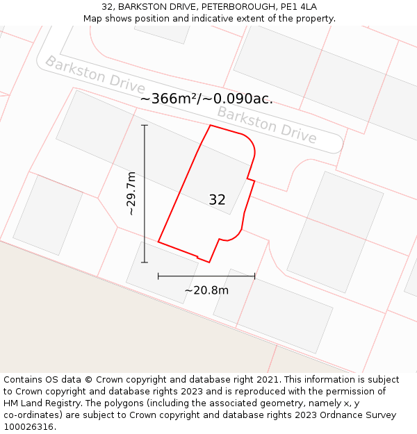 32, BARKSTON DRIVE, PETERBOROUGH, PE1 4LA: Plot and title map