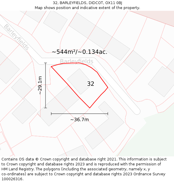 32, BARLEYFIELDS, DIDCOT, OX11 0BJ: Plot and title map