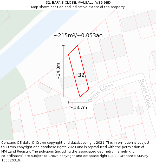 32, BARNS CLOSE, WALSALL, WS9 9BD: Plot and title map