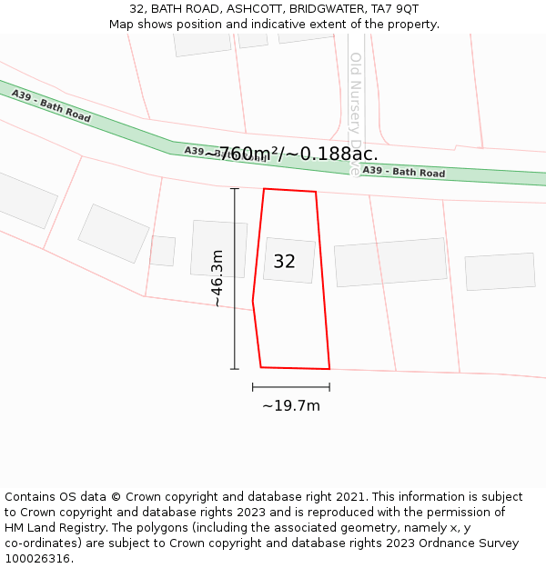 32, BATH ROAD, ASHCOTT, BRIDGWATER, TA7 9QT: Plot and title map