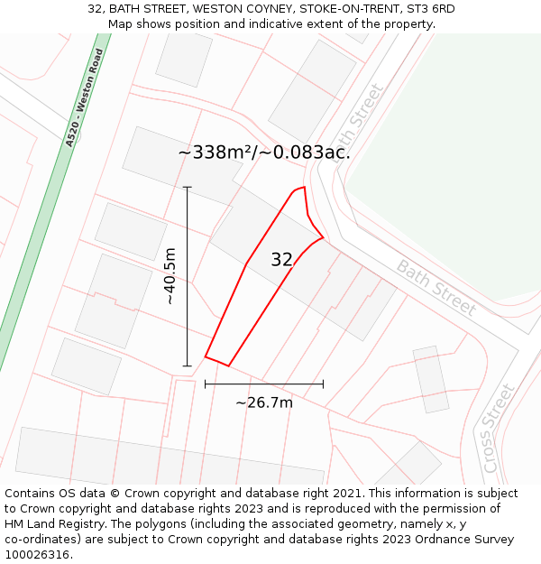 32, BATH STREET, WESTON COYNEY, STOKE-ON-TRENT, ST3 6RD: Plot and title map