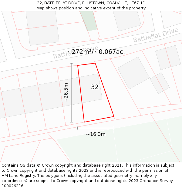 32, BATTLEFLAT DRIVE, ELLISTOWN, COALVILLE, LE67 1FJ: Plot and title map