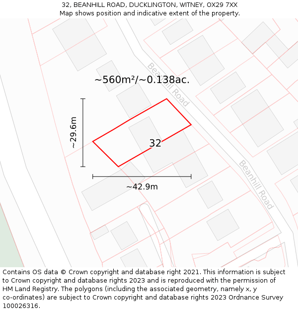 32, BEANHILL ROAD, DUCKLINGTON, WITNEY, OX29 7XX: Plot and title map