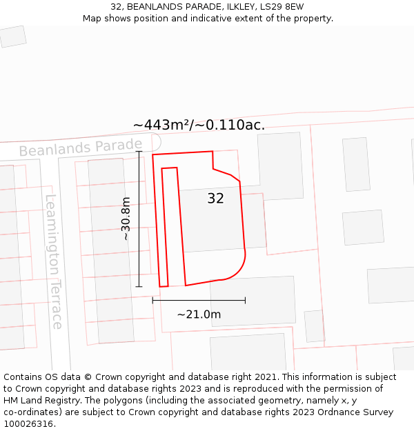 32, BEANLANDS PARADE, ILKLEY, LS29 8EW: Plot and title map