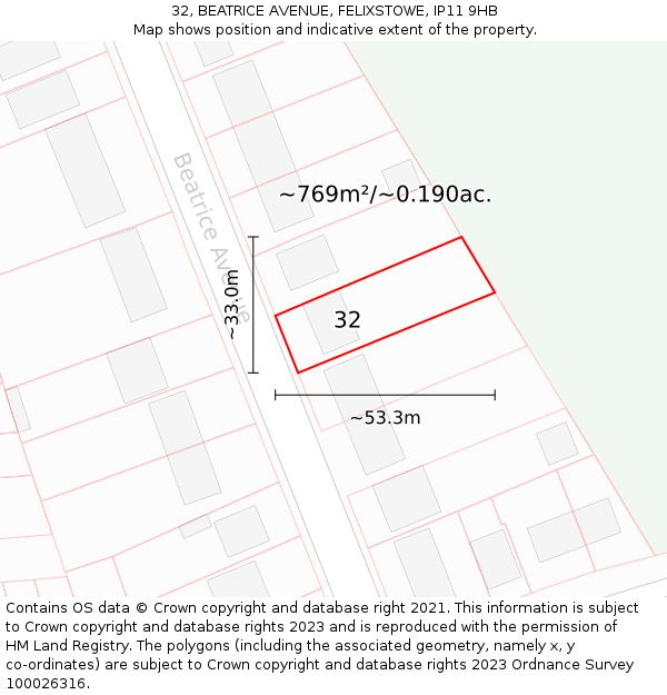 32, BEATRICE AVENUE, FELIXSTOWE, IP11 9HB: Plot and title map