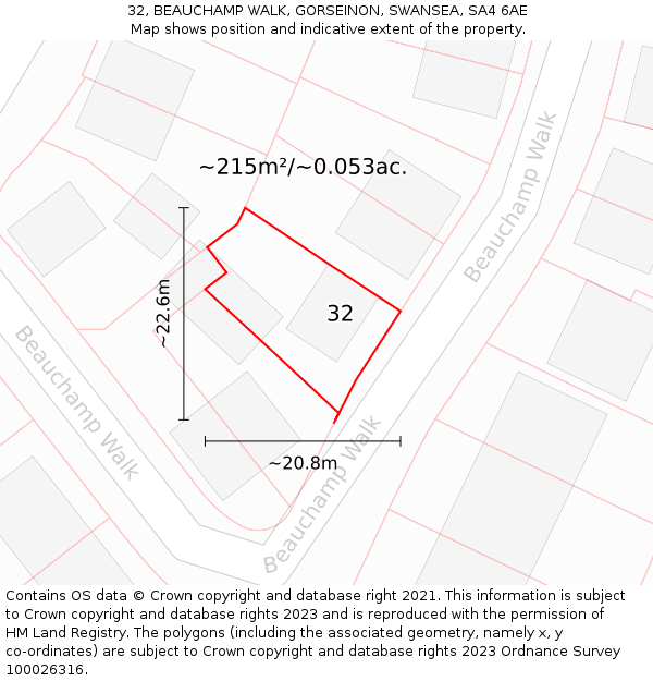 32, BEAUCHAMP WALK, GORSEINON, SWANSEA, SA4 6AE: Plot and title map