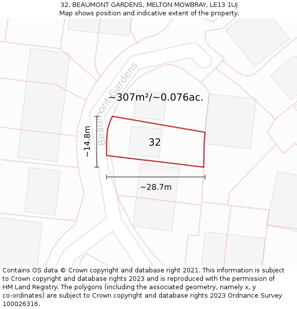 32, BEAUMONT GARDENS, MELTON MOWBRAY, LE13 1UJ: Plot and title map
