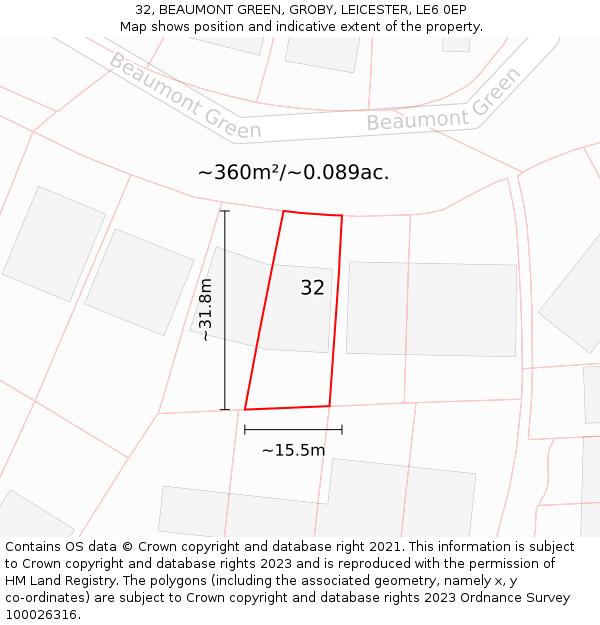 32, BEAUMONT GREEN, GROBY, LEICESTER, LE6 0EP: Plot and title map