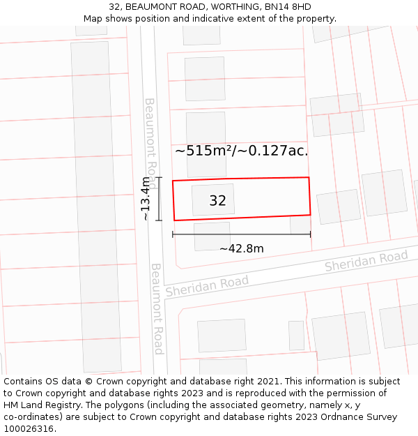 32, BEAUMONT ROAD, WORTHING, BN14 8HD: Plot and title map