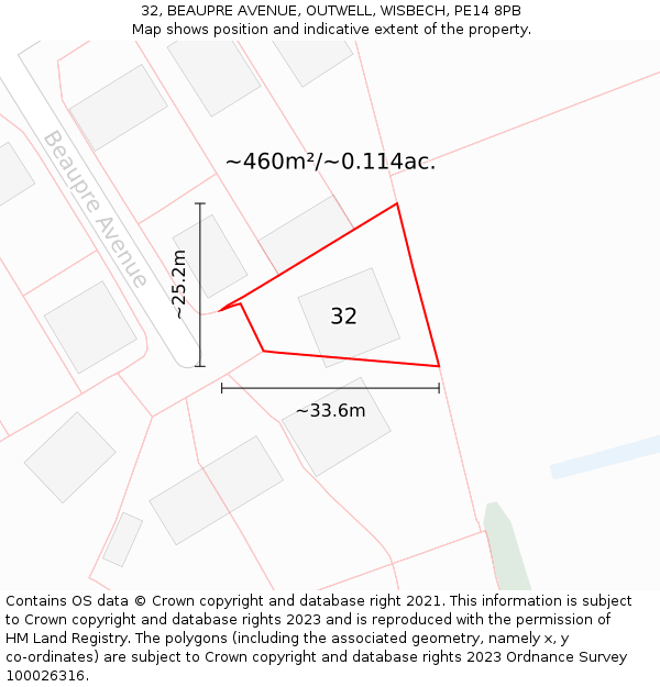 32, BEAUPRE AVENUE, OUTWELL, WISBECH, PE14 8PB: Plot and title map