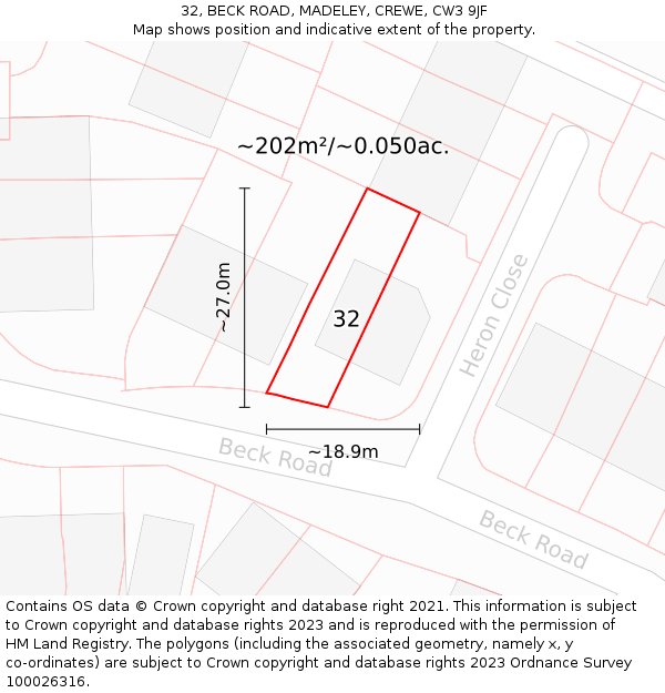 32, BECK ROAD, MADELEY, CREWE, CW3 9JF: Plot and title map