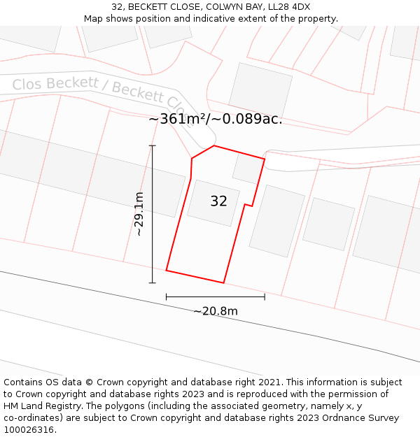 32, BECKETT CLOSE, COLWYN BAY, LL28 4DX: Plot and title map