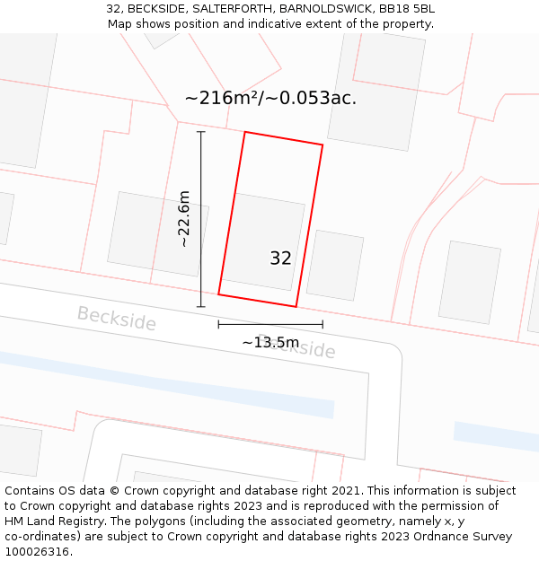 32, BECKSIDE, SALTERFORTH, BARNOLDSWICK, BB18 5BL: Plot and title map