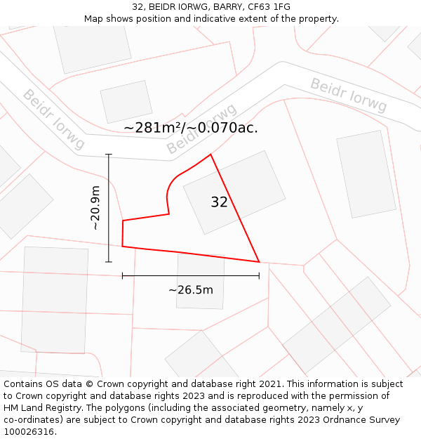 32, BEIDR IORWG, BARRY, CF63 1FG: Plot and title map