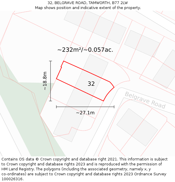 32, BELGRAVE ROAD, TAMWORTH, B77 2LW: Plot and title map