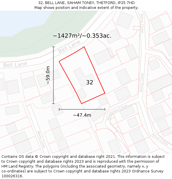 32, BELL LANE, SAHAM TONEY, THETFORD, IP25 7HD: Plot and title map