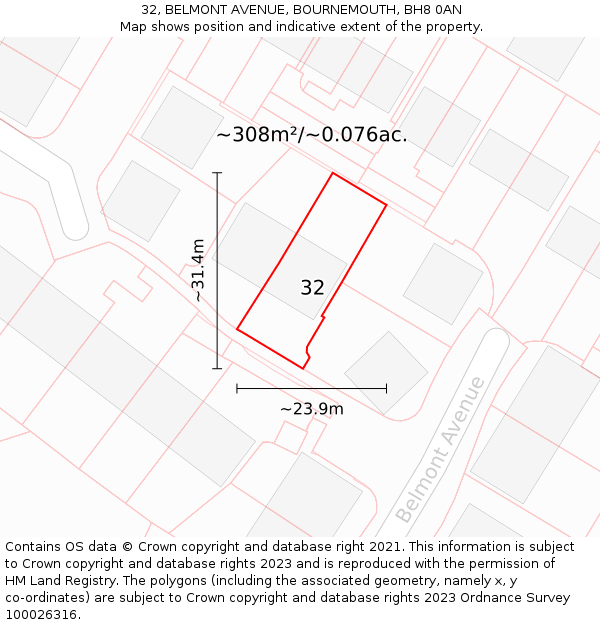 32, BELMONT AVENUE, BOURNEMOUTH, BH8 0AN: Plot and title map