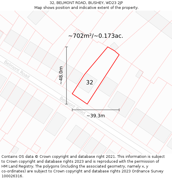 32, BELMONT ROAD, BUSHEY, WD23 2JP: Plot and title map