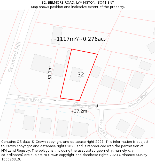 32, BELMORE ROAD, LYMINGTON, SO41 3NT: Plot and title map