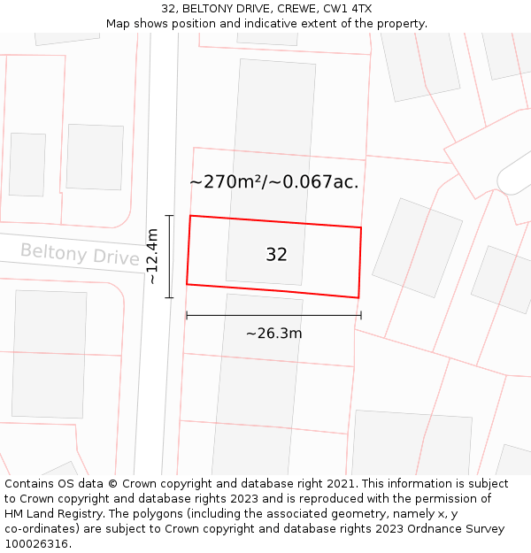 32, BELTONY DRIVE, CREWE, CW1 4TX: Plot and title map