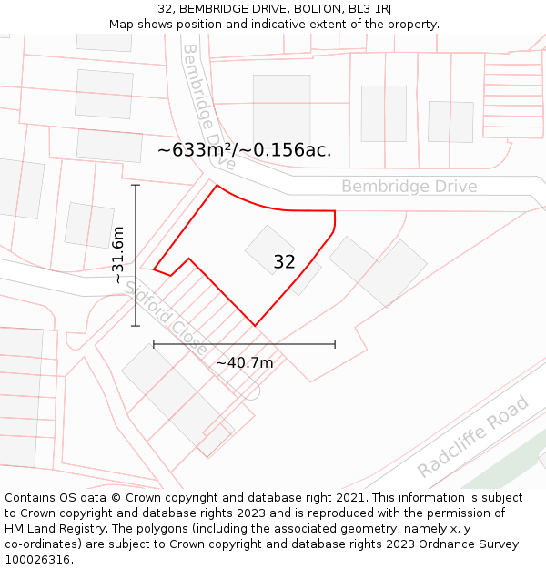 32, BEMBRIDGE DRIVE, BOLTON, BL3 1RJ: Plot and title map
