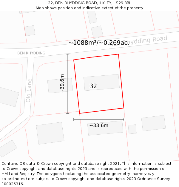 32, BEN RHYDDING ROAD, ILKLEY, LS29 8RL: Plot and title map