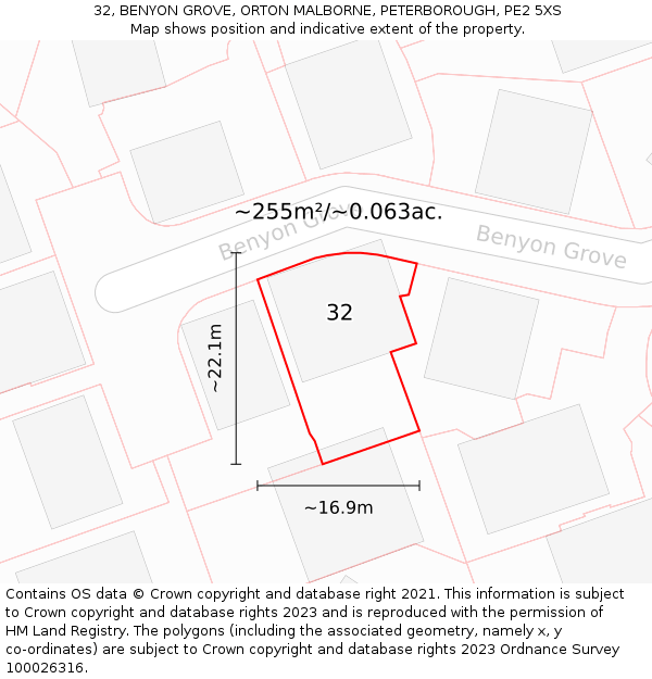 32, BENYON GROVE, ORTON MALBORNE, PETERBOROUGH, PE2 5XS: Plot and title map