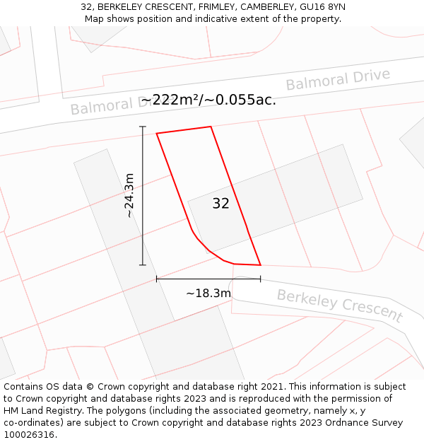 32, BERKELEY CRESCENT, FRIMLEY, CAMBERLEY, GU16 8YN: Plot and title map