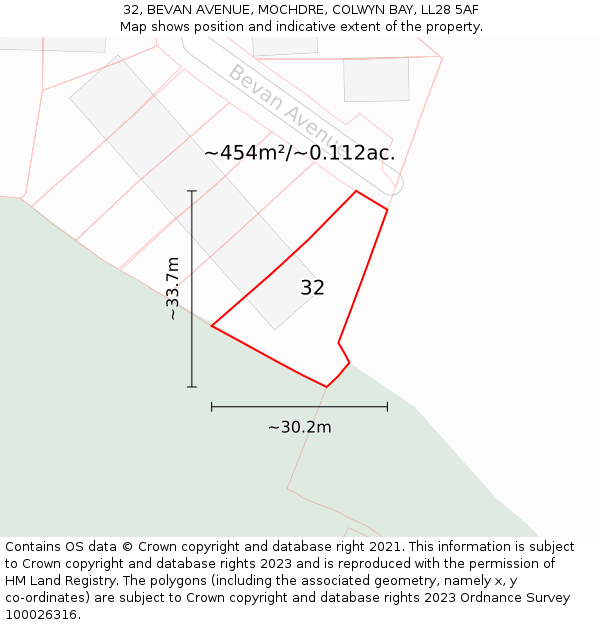 32, BEVAN AVENUE, MOCHDRE, COLWYN BAY, LL28 5AF: Plot and title map